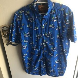 Red camel button-up shirt- palm tree and hut print
